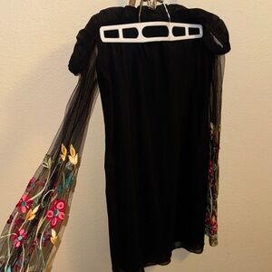 Black Dress with Floral Embroidered Sleeves